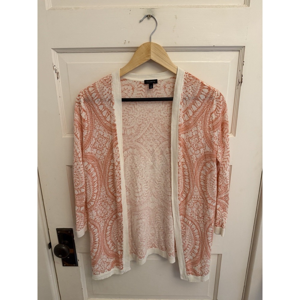 Talbots Pink Paisley Cotton Linen Open Front Cardigan Sweater 3/4 Sleeves XS